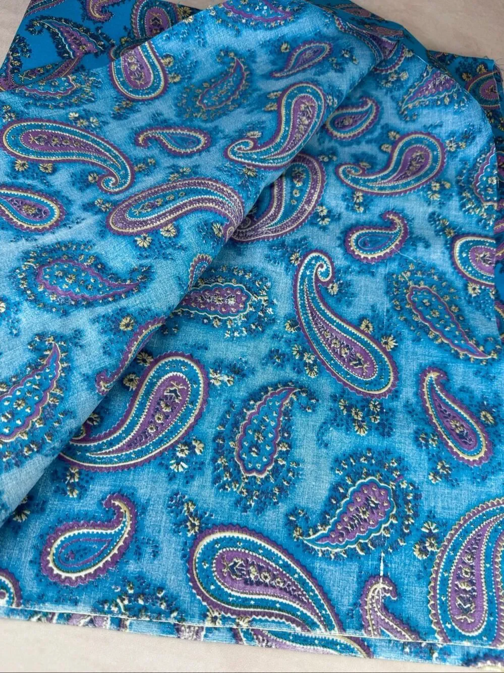 Vintage Paisley Fabric Blue Purple 36”x3.66Y Retro Mod MCM Groovy